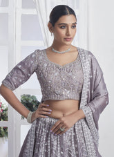 Grey chiffon partywear lehenga choli looking complicated